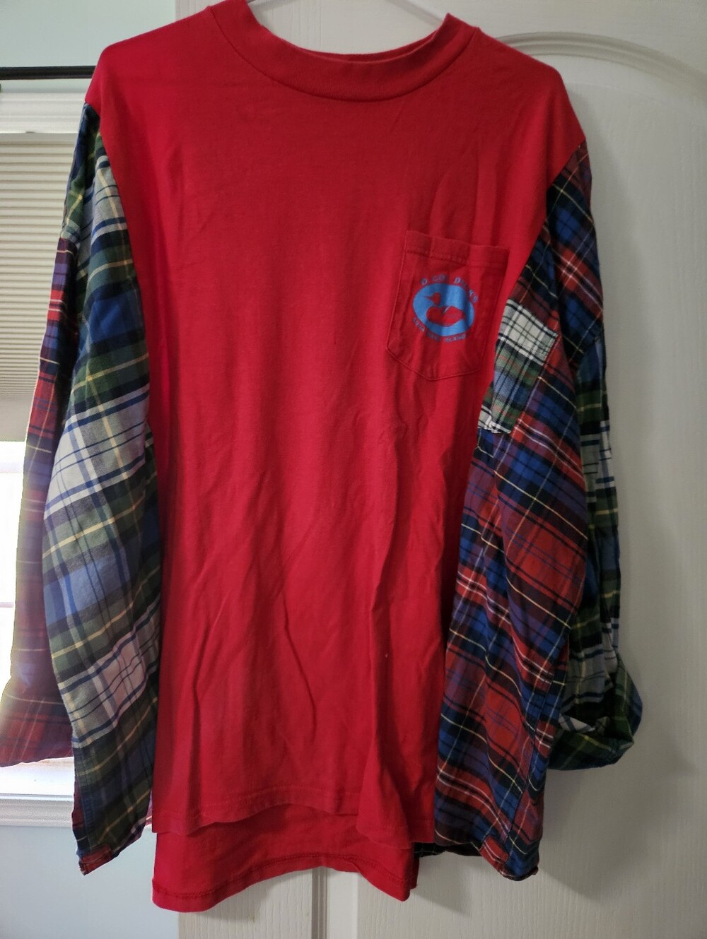 Hand Made OOAK Red Long-Sleeve Pocket Shirt with Plaid Sleeves